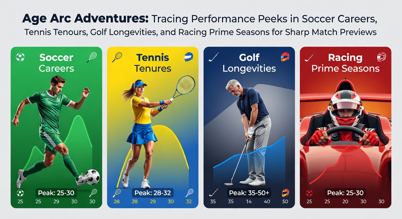 Graph showing performance peaks across soccer, tennis, golf, and horse racing careers, with age on the x-axis and metrics like win rates on the y-axis