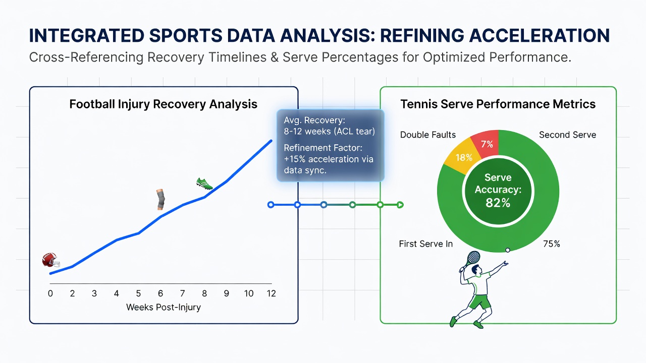 Data visualization showing cross-sport correlations between injury recovery, serve statistics, and accumulator outcomes