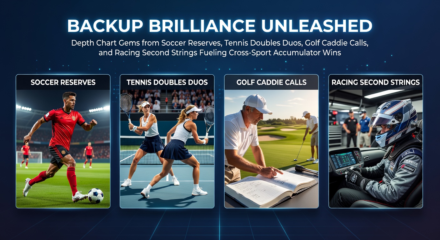 Soccer reserves celebrating a goal alongside tennis doubles teams, golf caddies advising, and racing backups crossing the finish line, highlighting cross-sport betting value