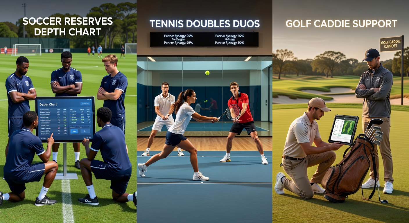 Golf caddie whispering strategy to player on the fairway, tennis doubles duo high-fiving, racing jockey urging second-string horse forward, and soccer bench erupting—capturing backup moments across sports