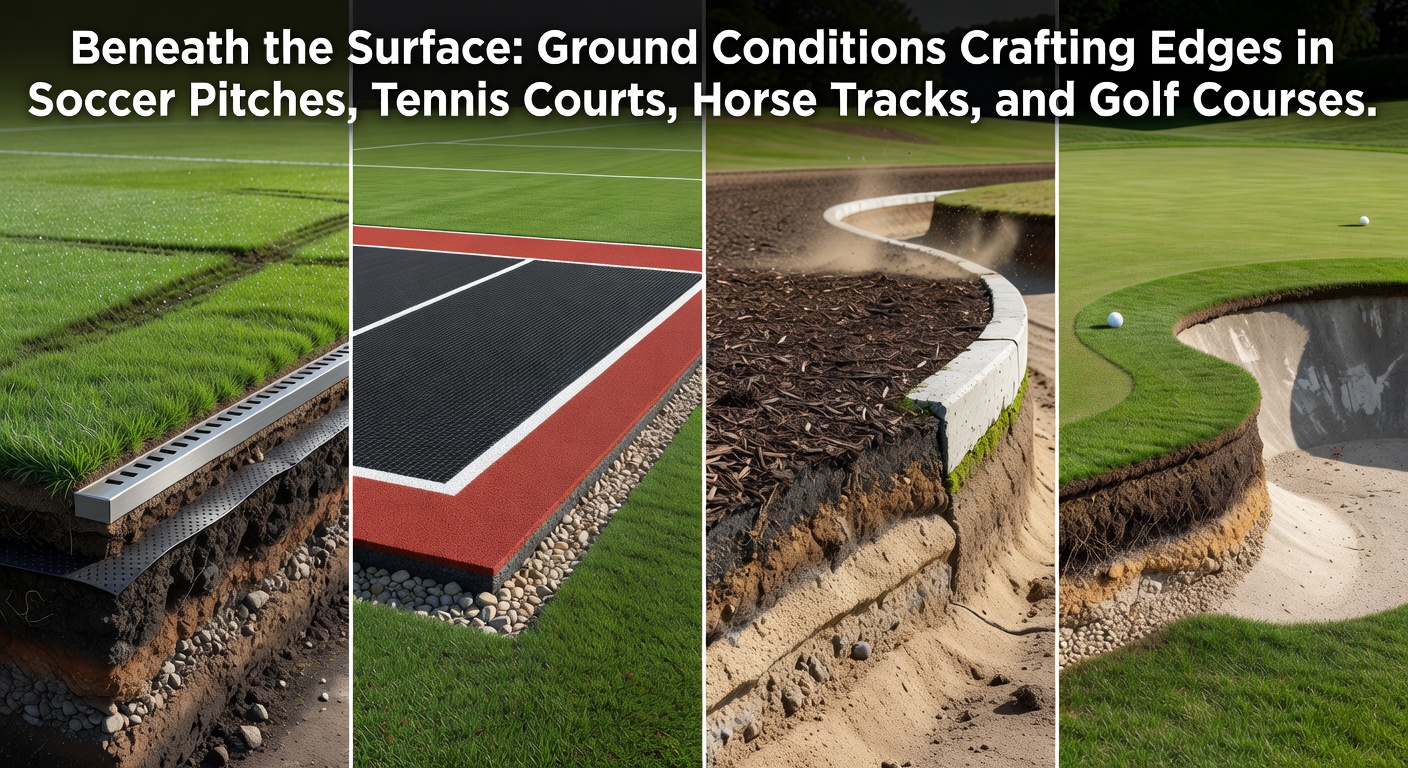 A soccer pitch soaked by heavy rain, showing puddles and mud affecting ball trajectory during a match