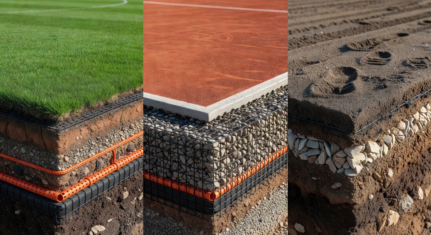 A horse track with soft going under overcast skies, hooves kicking up divots during a gallop