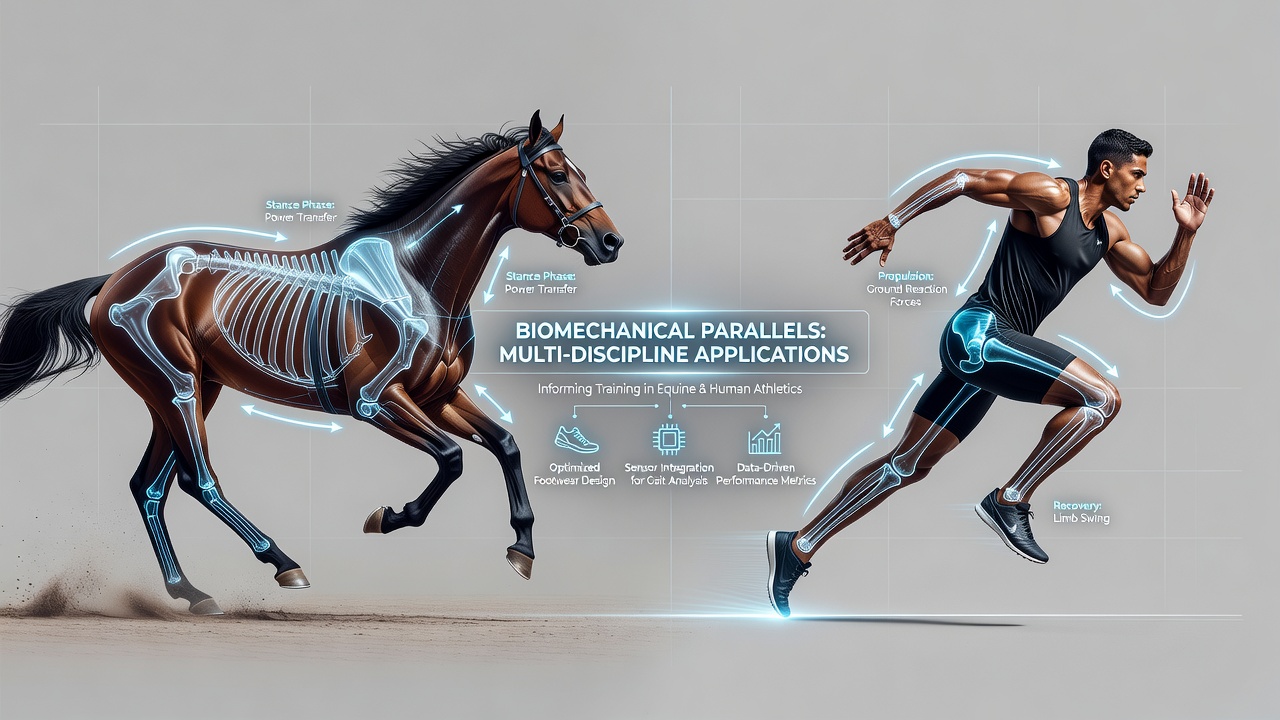 Motion analysis overlay comparing equine fetlock extension with human knee drive during acceleration phases