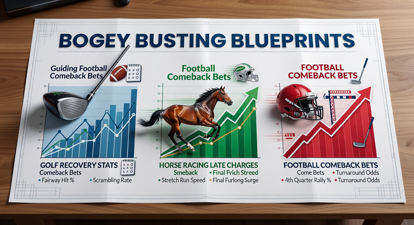 Golf pro scrambling from rough on a sunny course, mirroring comeback intensity in football and horse racing