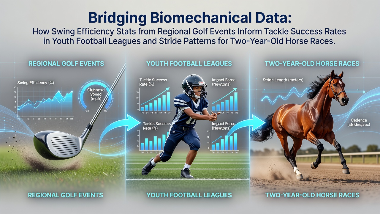 Biomechanical analysis setup showing golf swing capture alongside youth football tackle simulation and equine stride measurement tools