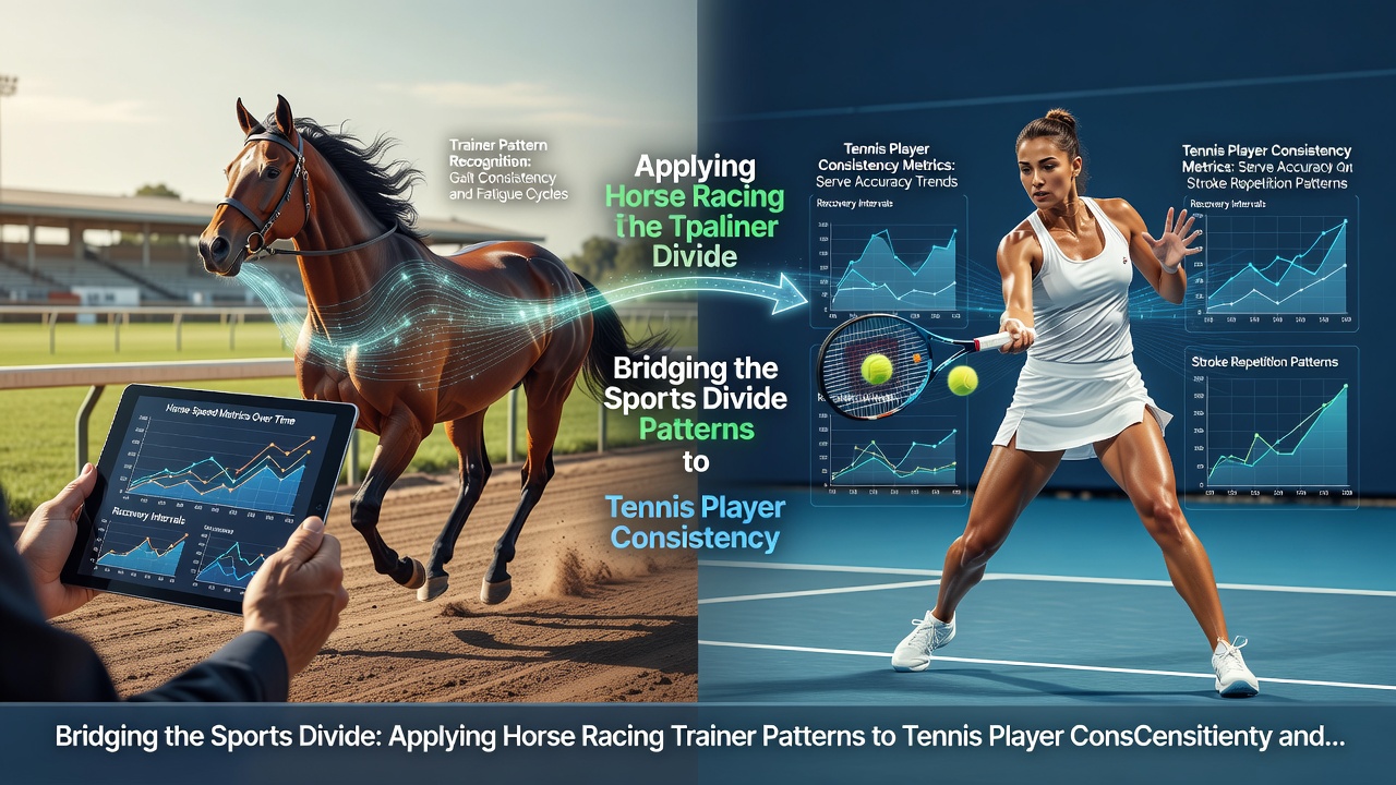 Tennis player on court with overlaid data graphics comparing form trends to football team statistics and horse racing trainer records