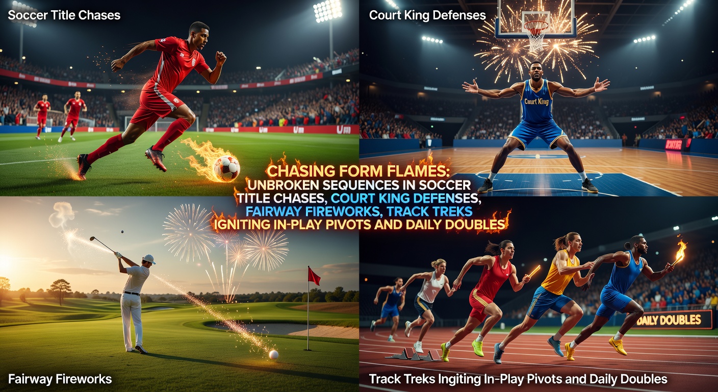 A dynamic collage showing a soccer team celebrating a title-clinching win, a tennis player dominating serve on clay, golfers firing birdies on sunlit fairways, and horses surging in a tight track finish, capturing the heat of unbroken streaks across sports