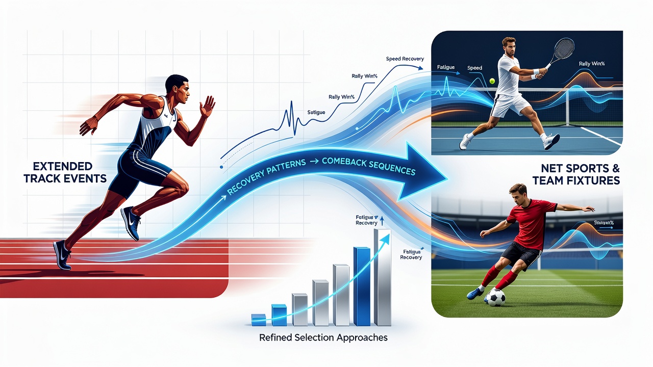 Athletes recovering after long-distance track events with data charts overlay showing endurance metrics