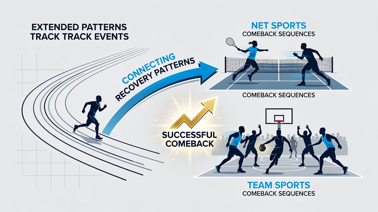 Tennis player executing comeback with overlaid recovery metrics from track endurance data
