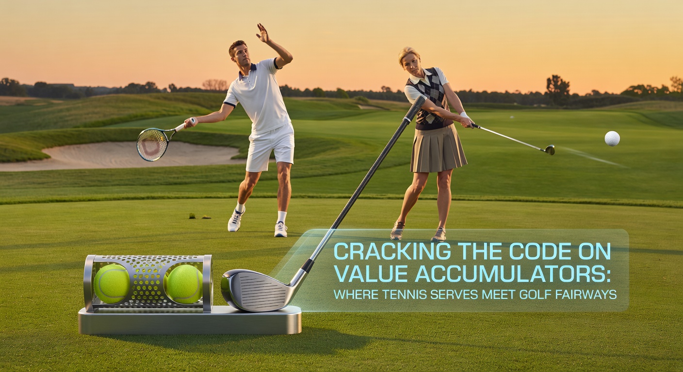 Dynamic illustration of a tennis player serving powerfully alongside a golfer striking a drive down a pristine fairway, symbolizing precision and value in sports betting accumulators