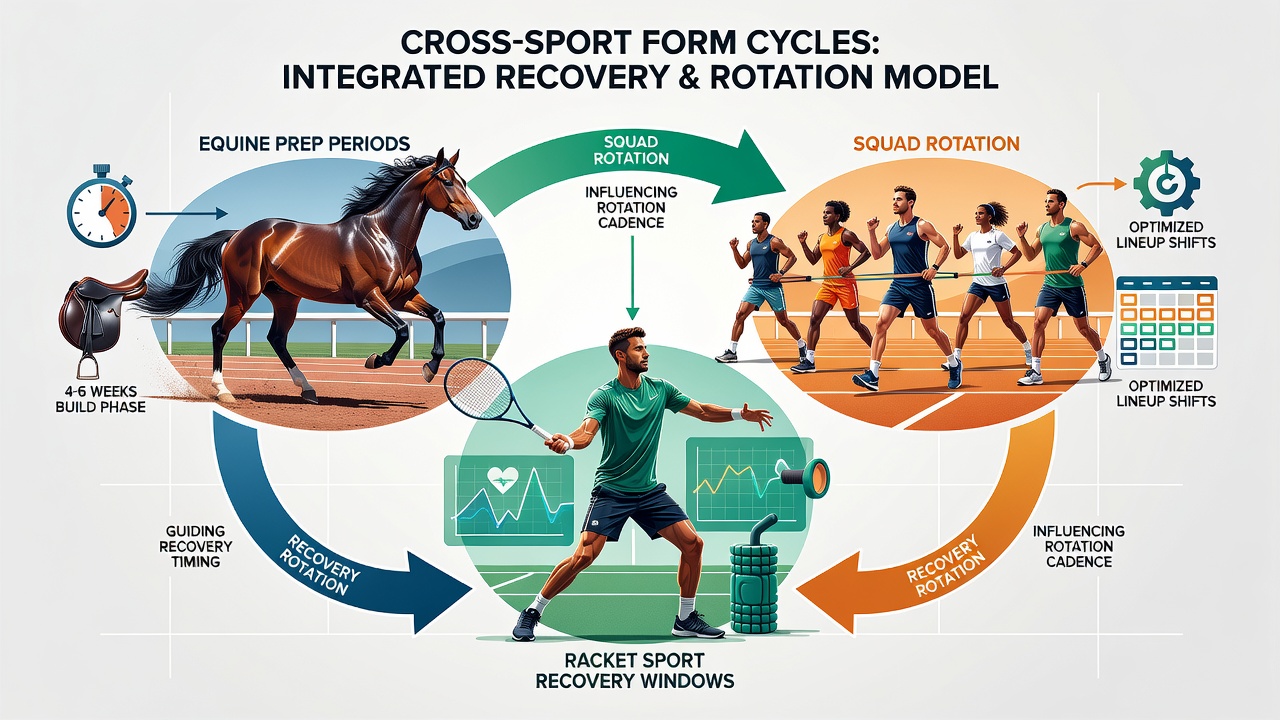 Football squad rotation boards displayed next to tennis recovery timelines and horse training logs for comparative analysis