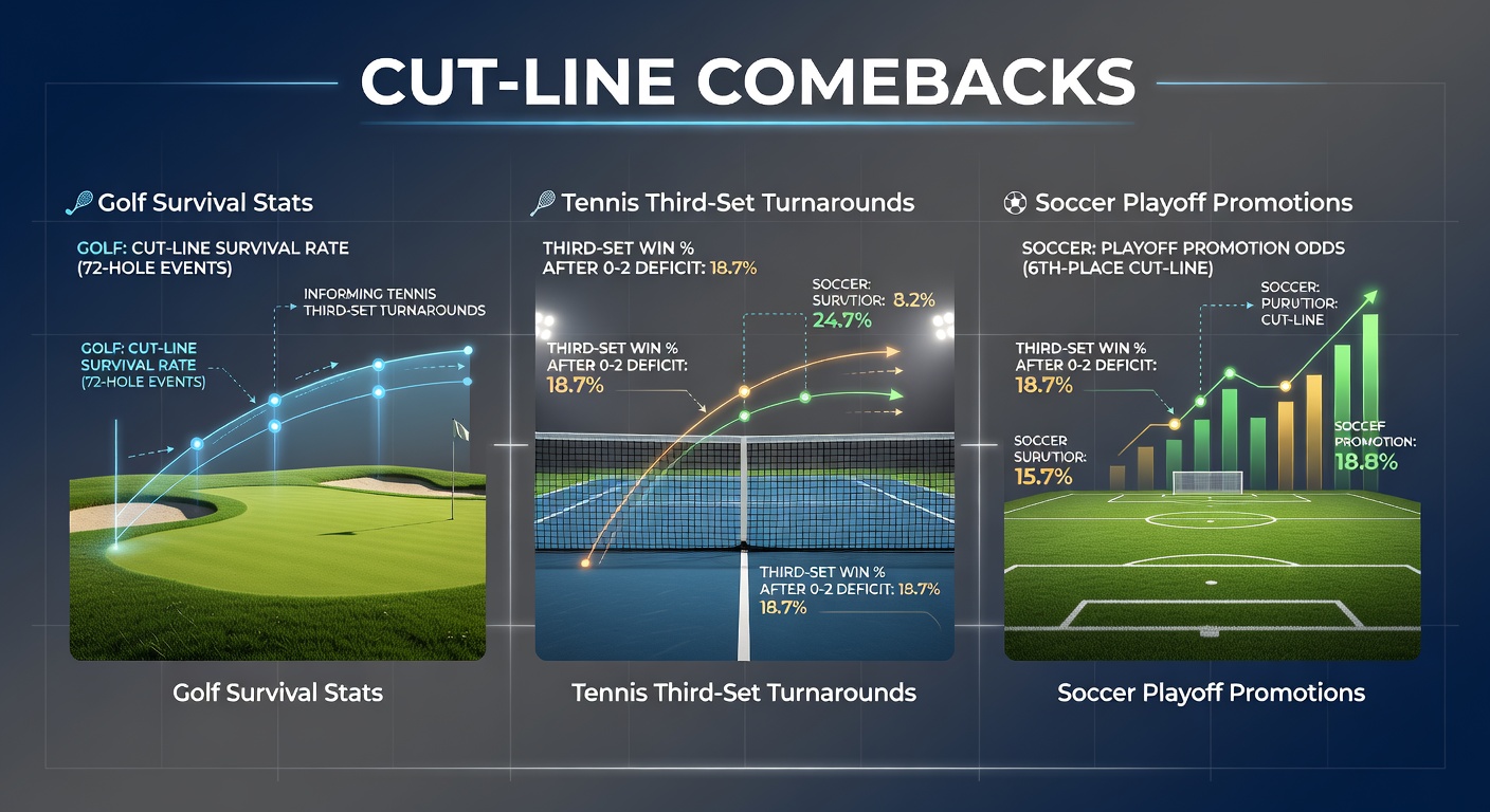 Golfers navigating the cut line at a major tournament, with scoreboards showing tight margins and players in contention scrambling for weekend spots
