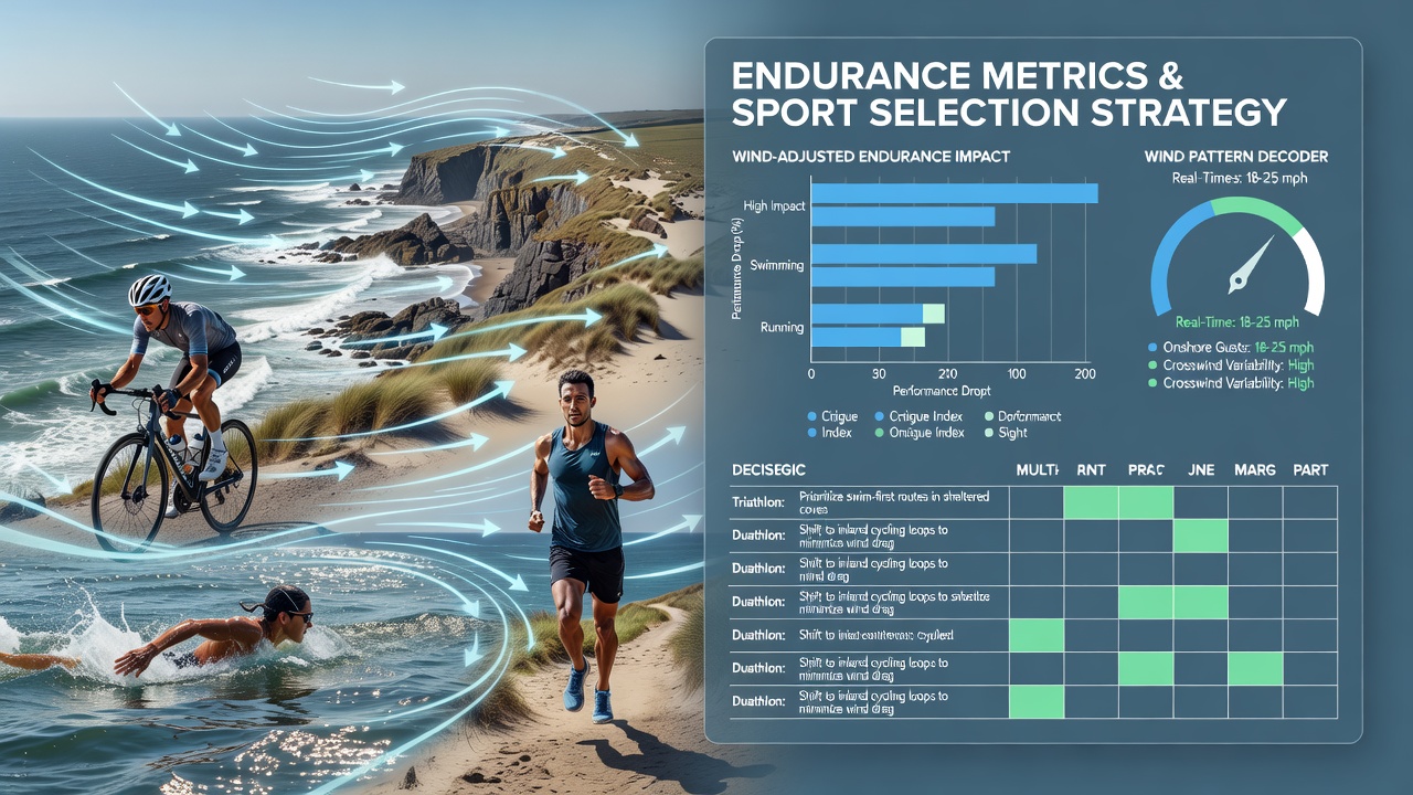 Athletes adjusting strategies based on real-time coastal wind data during endurance races