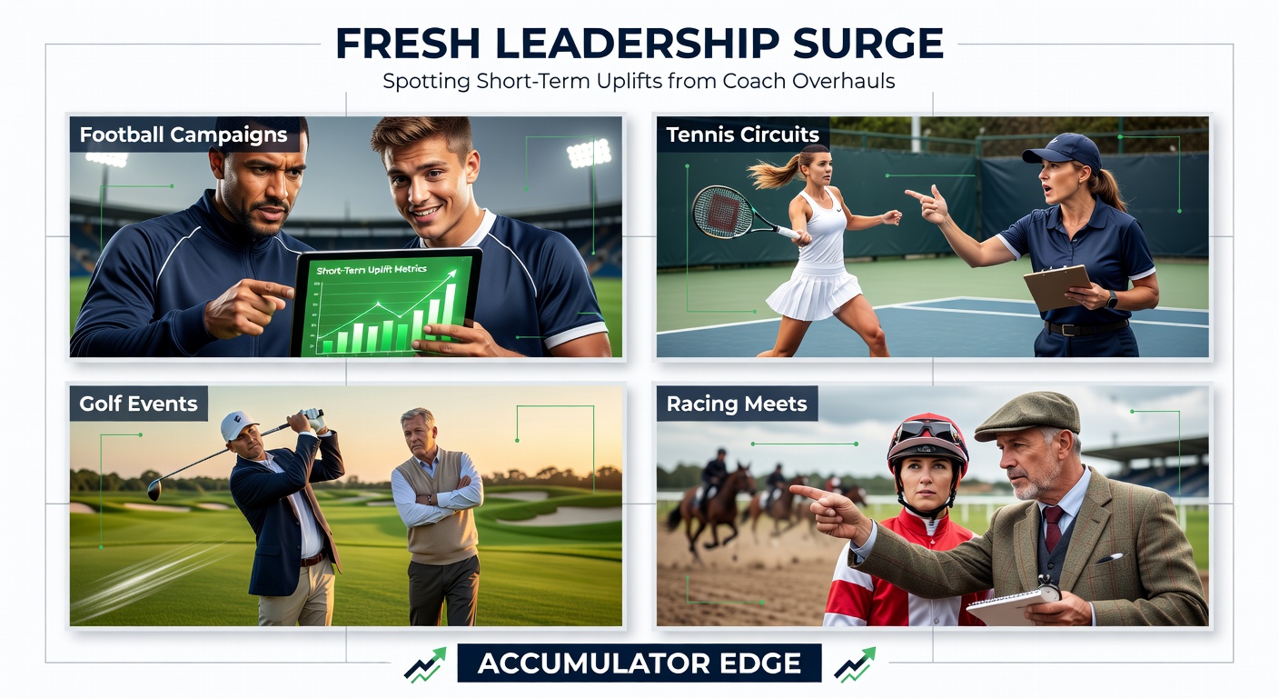 A dynamic montage showing a football coach motivating players on the sideline, a tennis player consulting with a trainer mid-match, a golfer working with a swing coach on the range, and a jockey conferring with a trainer in the paddock before a race