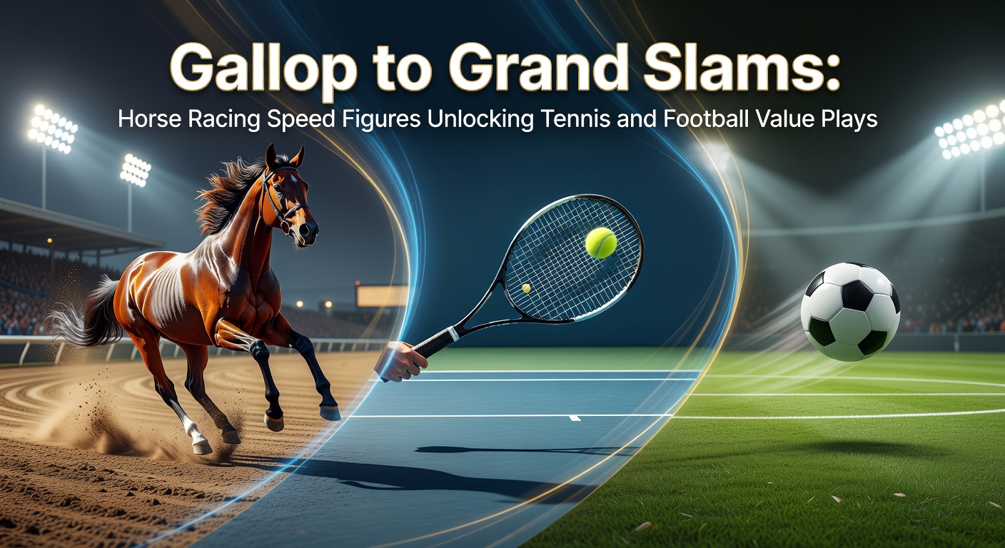 A dynamic split image showing a horse racing at full speed on a track alongside a tennis player serving powerfully and footballers sprinting during a match, symbolizing the crossover of performance metrics