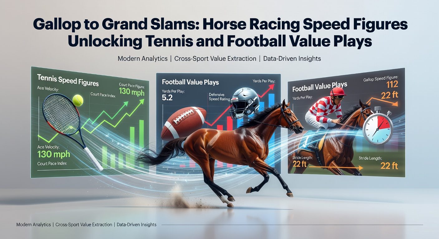 Visual comparison of a speed figure chart from horse racing overlaid with tennis serve velocity graphs and football sprint heatmaps, illustrating analytical crossovers