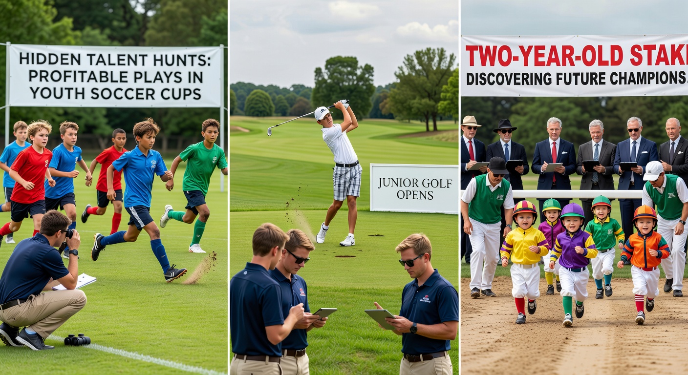 Junior golfers navigating a challenging fairway during an open tournament, with lush greens and focused young competitors in the foreground
