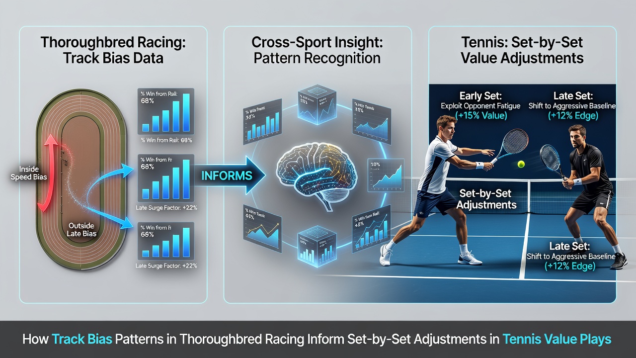 Tennis court diagram showing set-by-set momentum shifts and value adjustment overlays