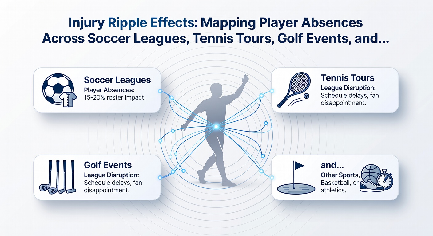 Infographic illustrating cross-sport injury data flows connecting soccer absences to tennis, golf, and horse racing predictive adjustments