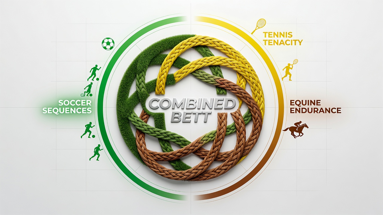 Split-screen display of live odds boards merging soccer form streaks, tennis break-point statistics, and horse racing distance ratings