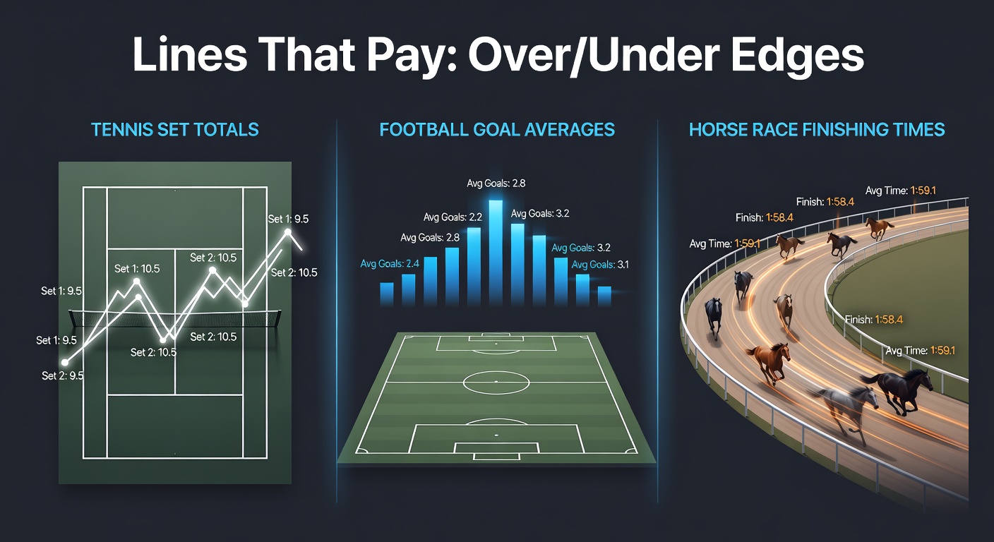 Dynamic collage showing a tennis rally mid-set, a football net rippling from a goal, and horses thundering toward the finish line in a close race