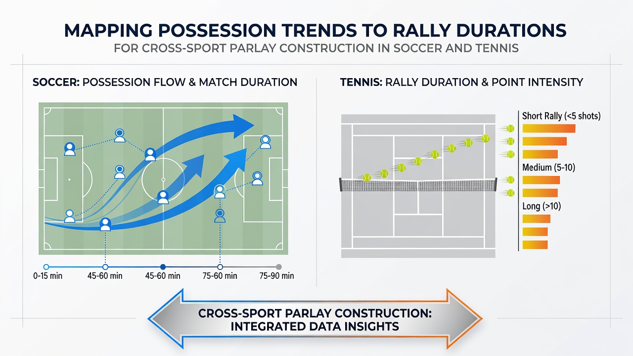 Soccer match possession heatmap alongside tennis court rally duration chart used for parlay analysis