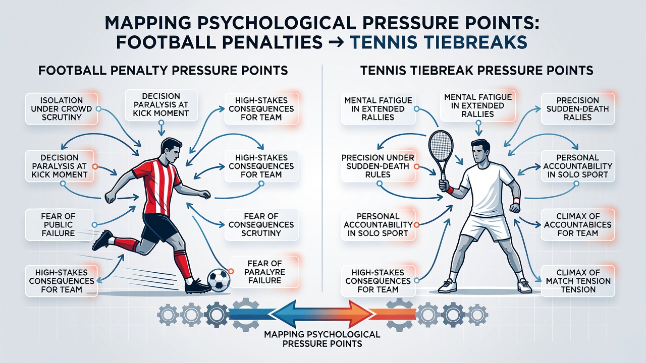 Split-screen view of a tense penalty shootout and a critical tennis tiebreak, highlighting mapped psychological pressure indicators