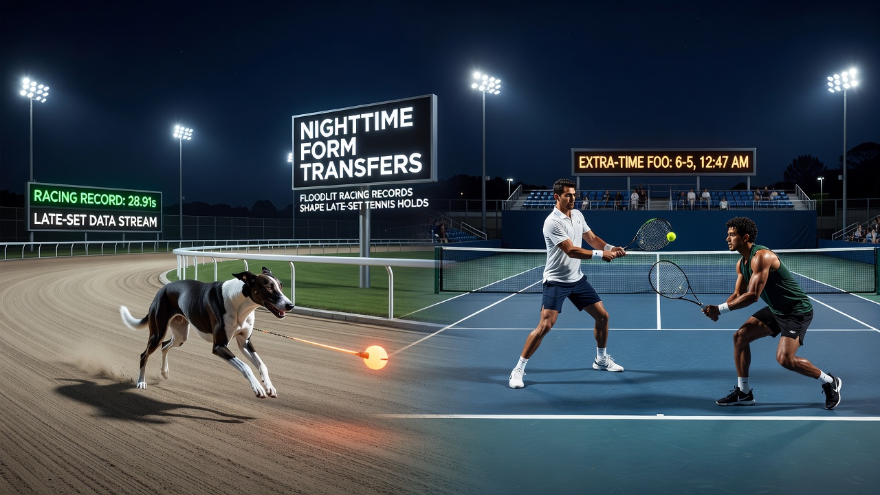 Tennis player serving under stadium floodlights during a late evening match with visible court lighting