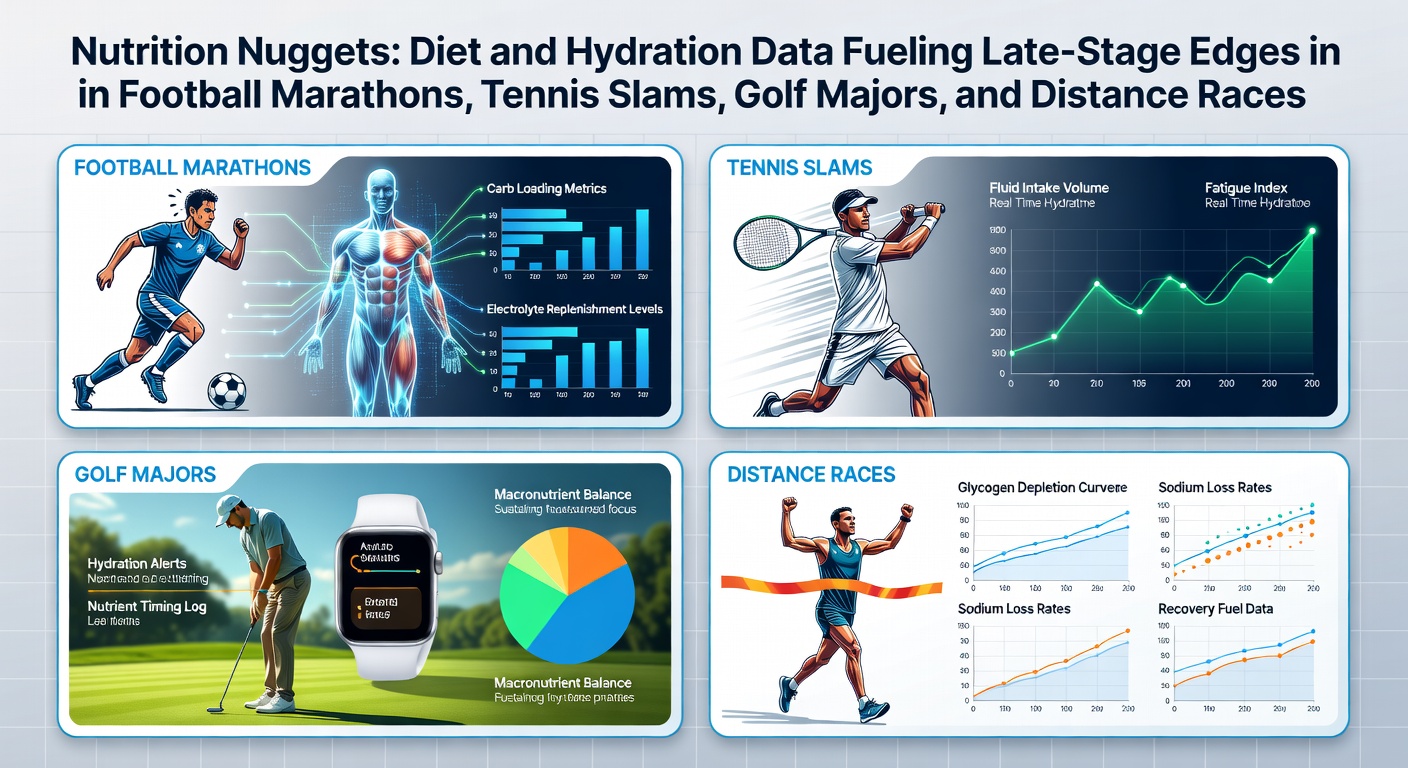Athletes in endurance events sipping hydration packs during intense late-stage action on court and track