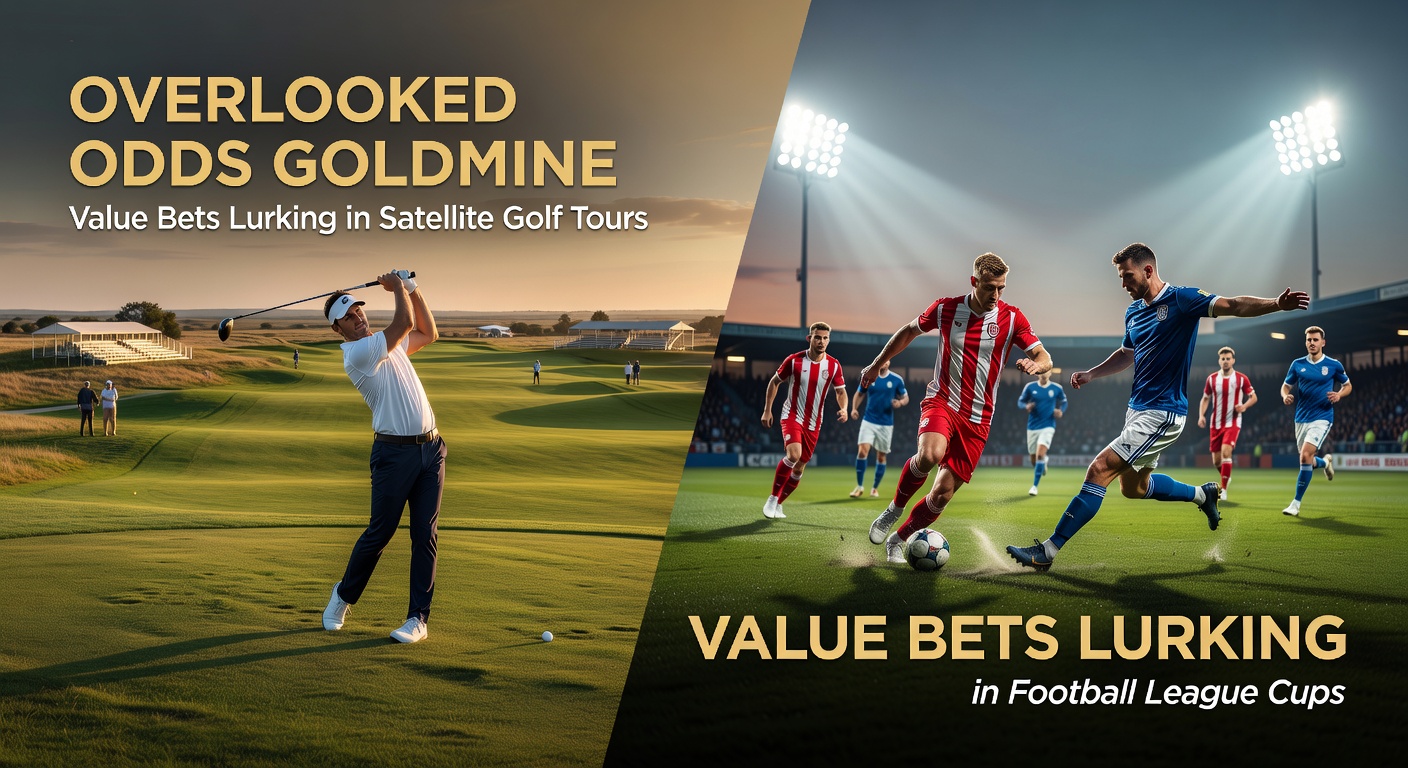 Golfers competing on a lush green fairway during a satellite tour event, with betting odds overlay highlighting value opportunities