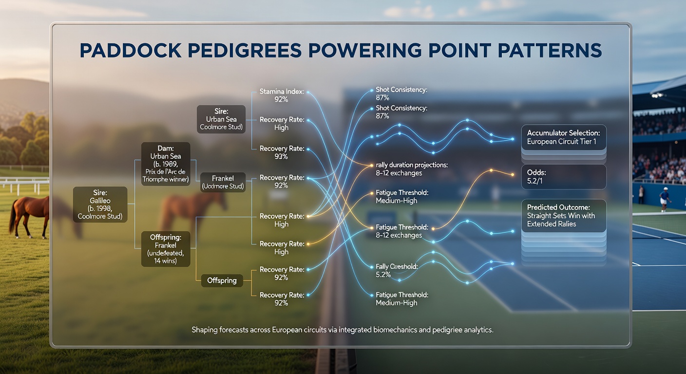 Equine lineage charts displayed alongside tennis court endurance data visualizations from European tournament records