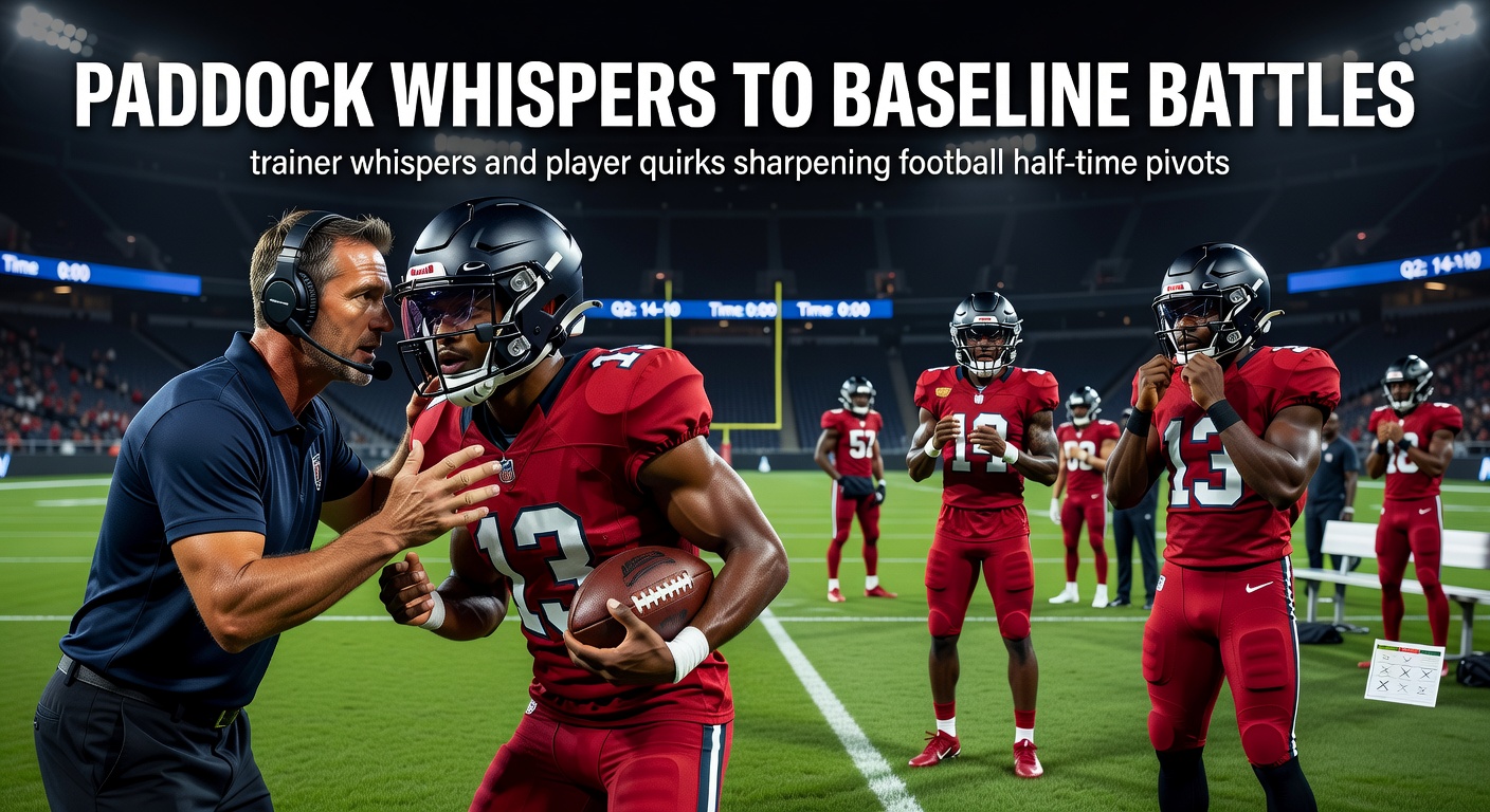 A tense horse racing paddock moment where trainers exchange subtle glances, mirroring the focused half-time huddle in a football match under stadium lights