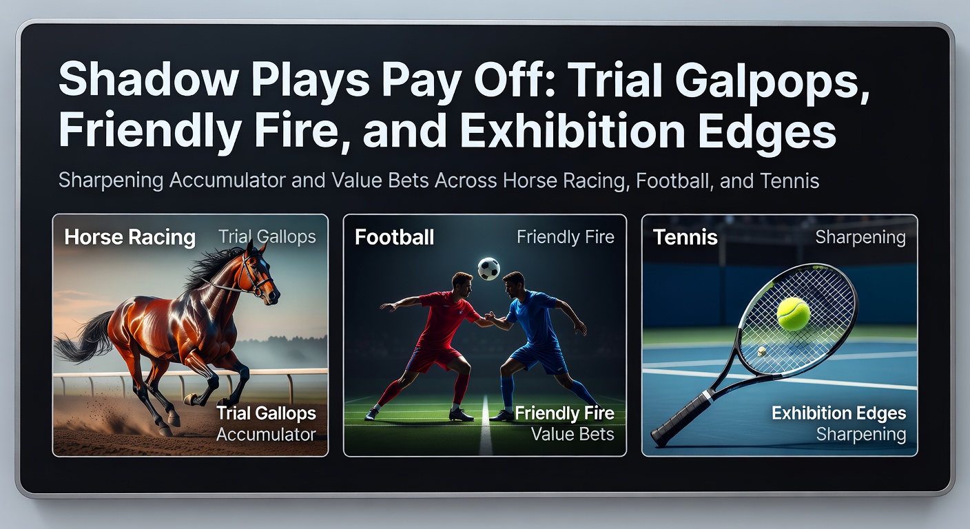 A horse thundering through a misty morning trial gallop, jockey leaning low as the pack tests early pace