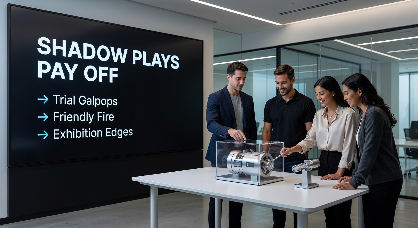 Football players in a heated friendly, ball flying toward goal amid tactical drills under stadium lights