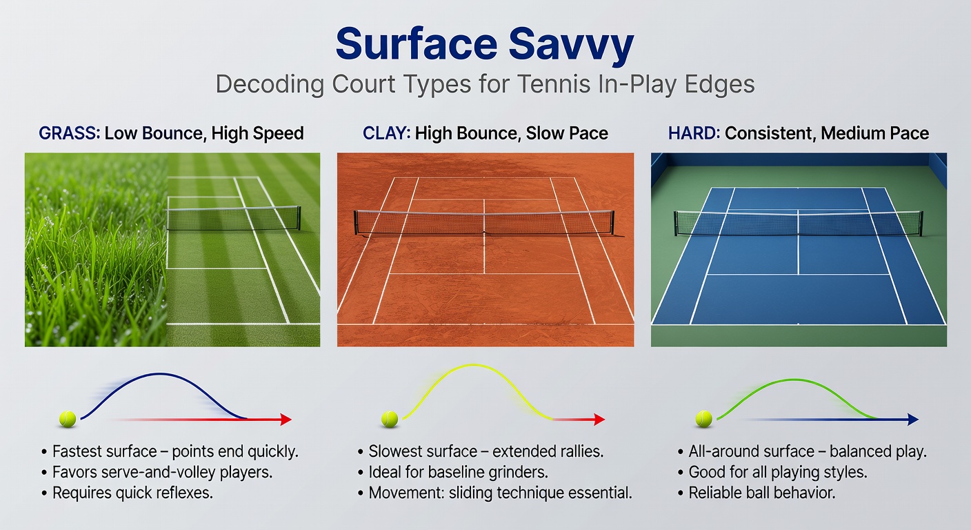 Dynamic serve on a lush green grass court at Wimbledon, with low bounce and player poised at the net, capturing the surface's fast-paced volatility