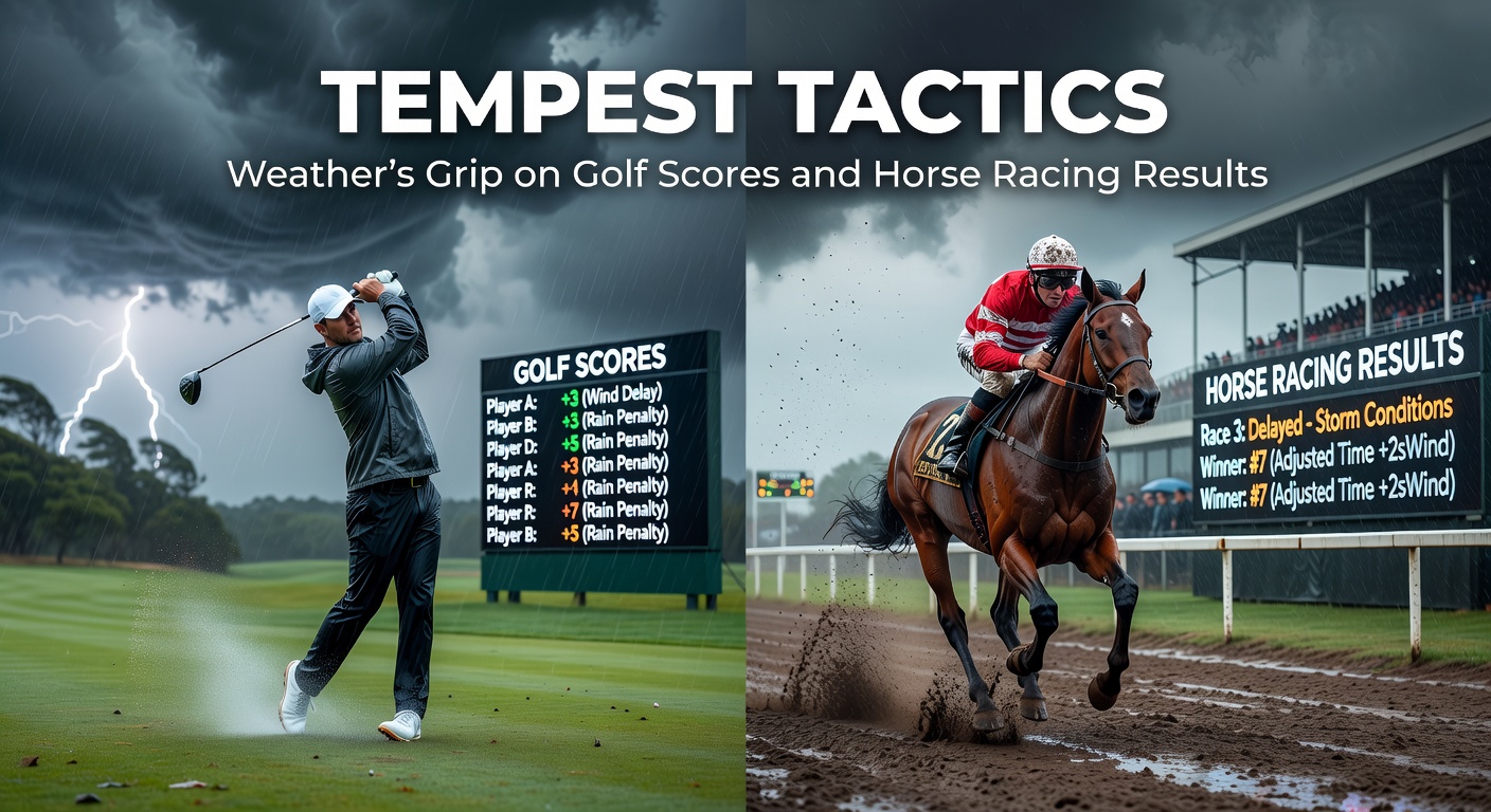 Golfers navigating a stormy course with rain and wind whipping across the fairways