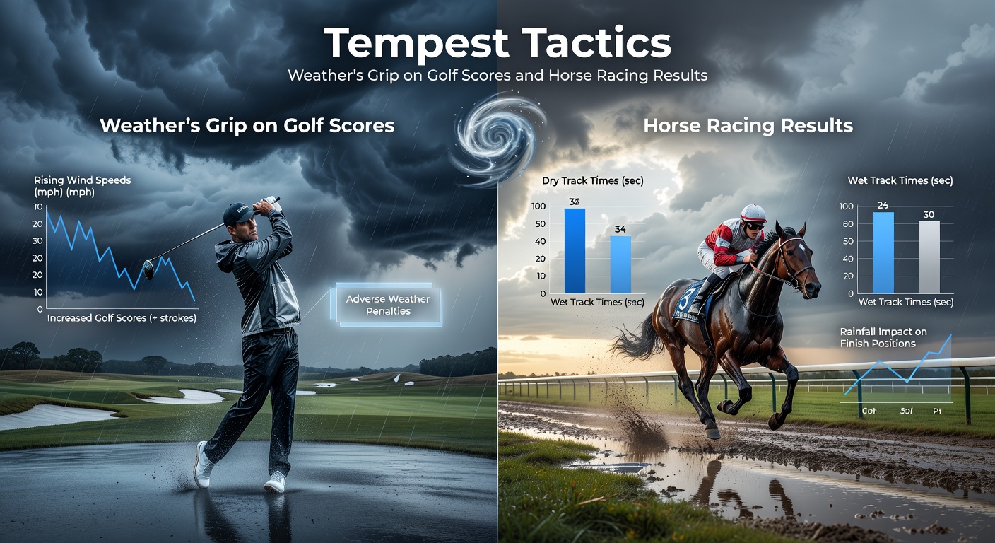 Horses splashing through a rain-soaked track during a fierce downpour