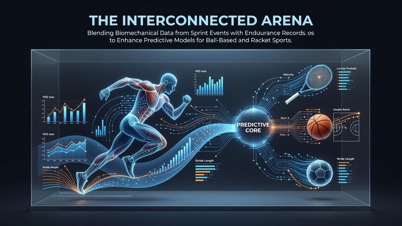 Biomechanical analysis setup showing sprint force data overlaid with endurance metrics for sports performance modeling