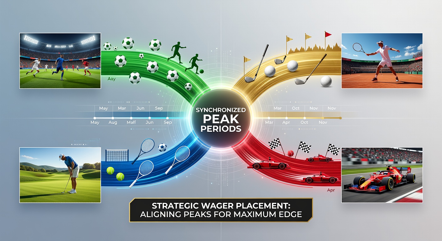 Timeline graphic illustrating overlapping peak periods in soccer, tennis, golf and racing calendars