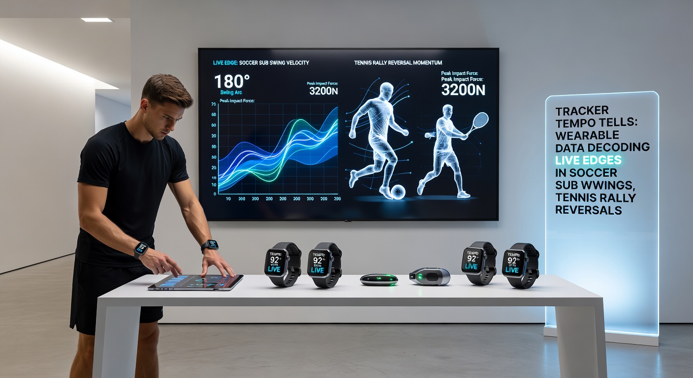 Tennis player in a intense rally, with overlaid wearable data graphs showing heart rate and movement tempo reversal