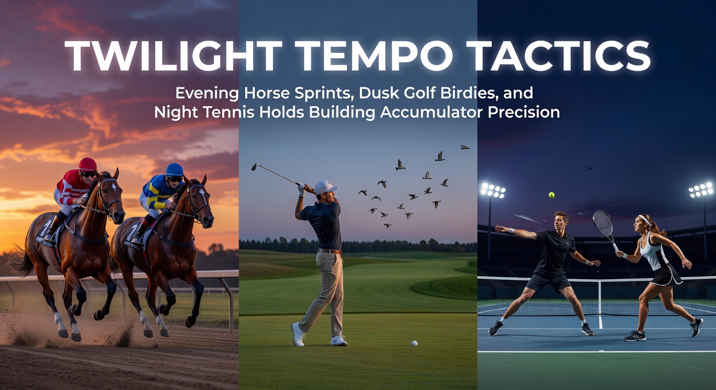 Dramatic twilight scene of a horse sprinting on a floodlit track as dusk fades into evening, highlighting the tempo shift in racing dynamics