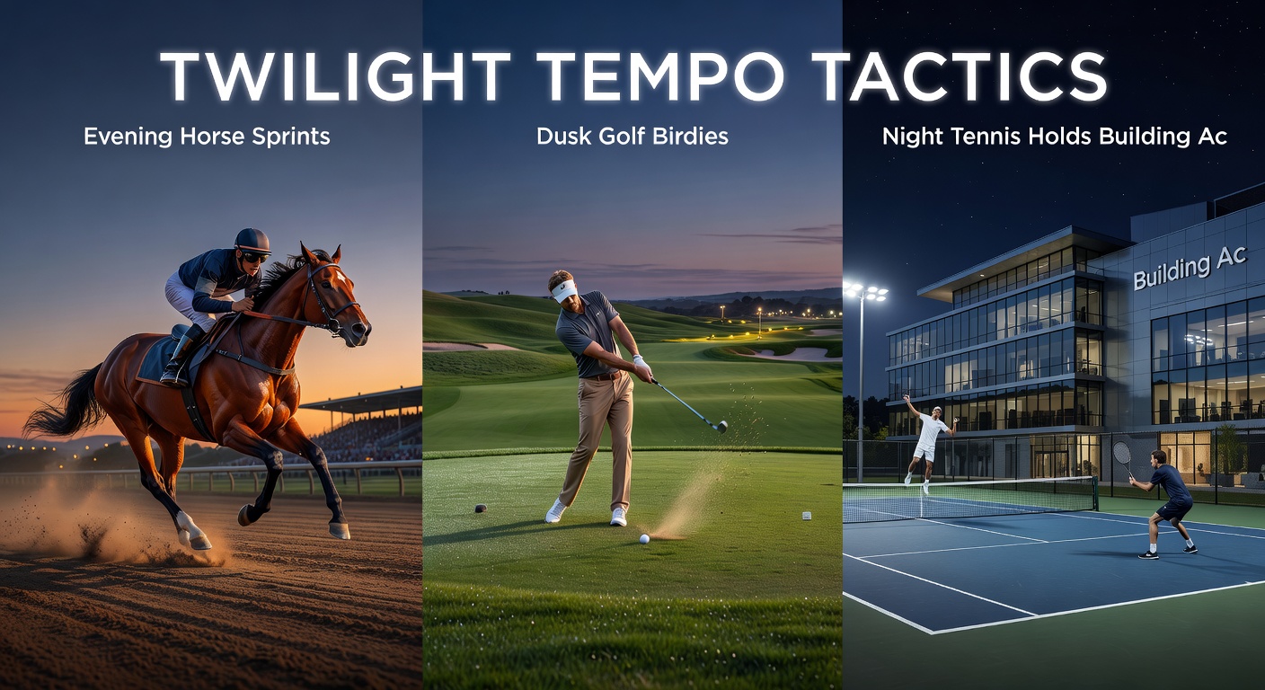 Golfer sinking a birdie putt at dusk on a glowing green, with the sky turning deep orange and stadium lights flickering on, capturing the precise tempo of evening play