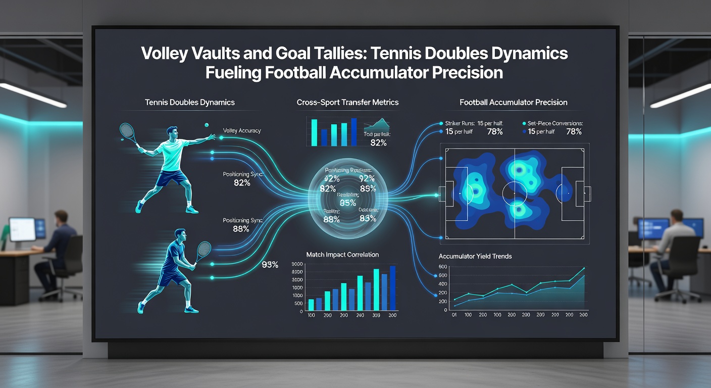 Tennis doubles players executing a precise volley at the net during a high-stakes match, highlighting team coordination essential for accumulator insights