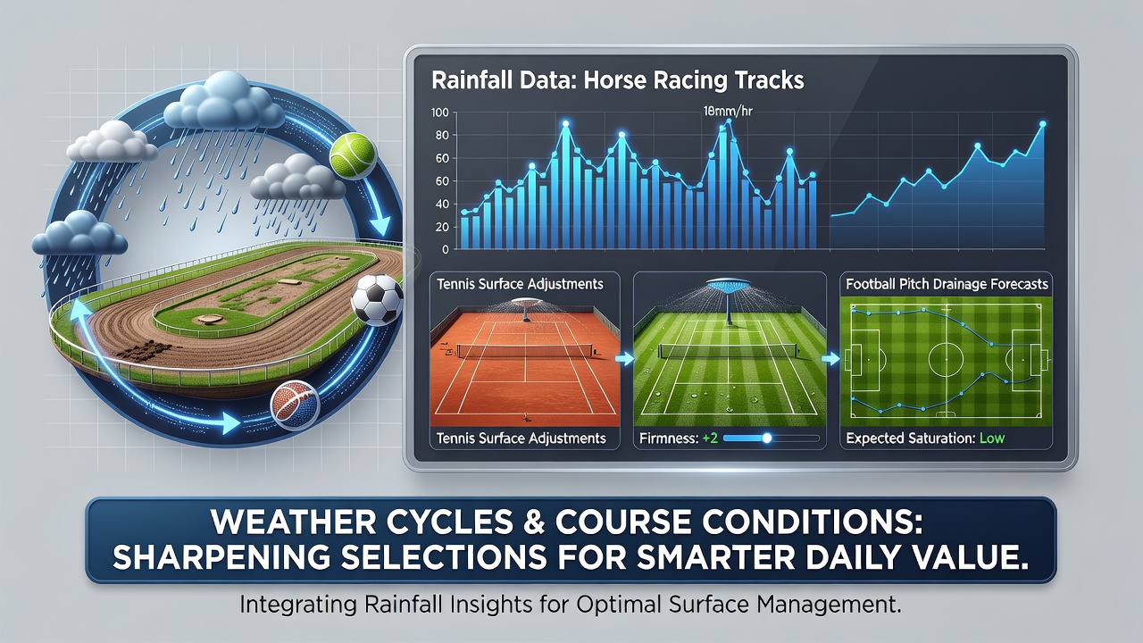 Rainfall monitoring equipment installed at a horse racing track with data overlays showing precipitation patterns affecting ground conditions