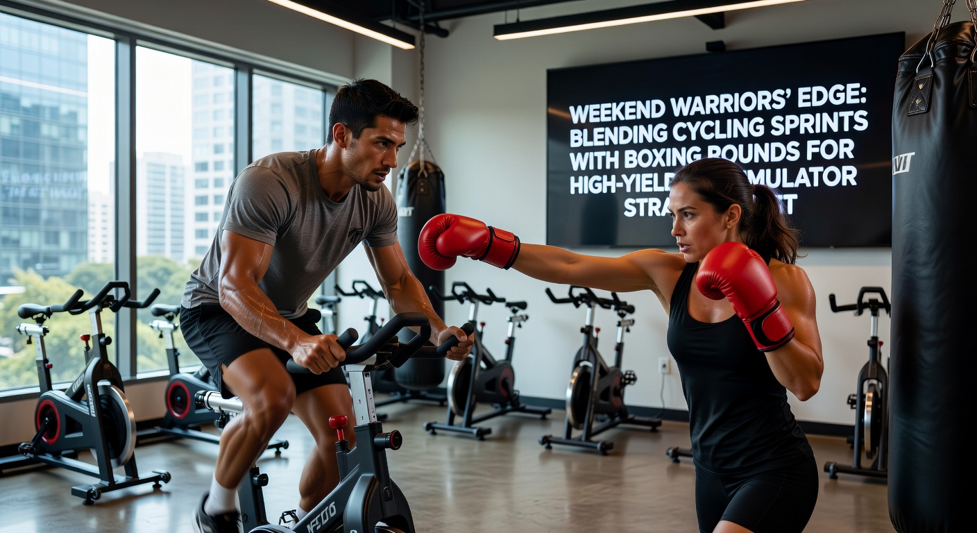 Dynamic split-image of a pack of cyclists surging in a sprint finish alongside a boxer landing a combination in the later rounds of a fight, highlighting accumulator synergy